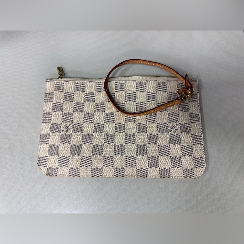 LV Damier Azure, Gray & Cream Checkered Clutch Wristlet w/Leather Strap